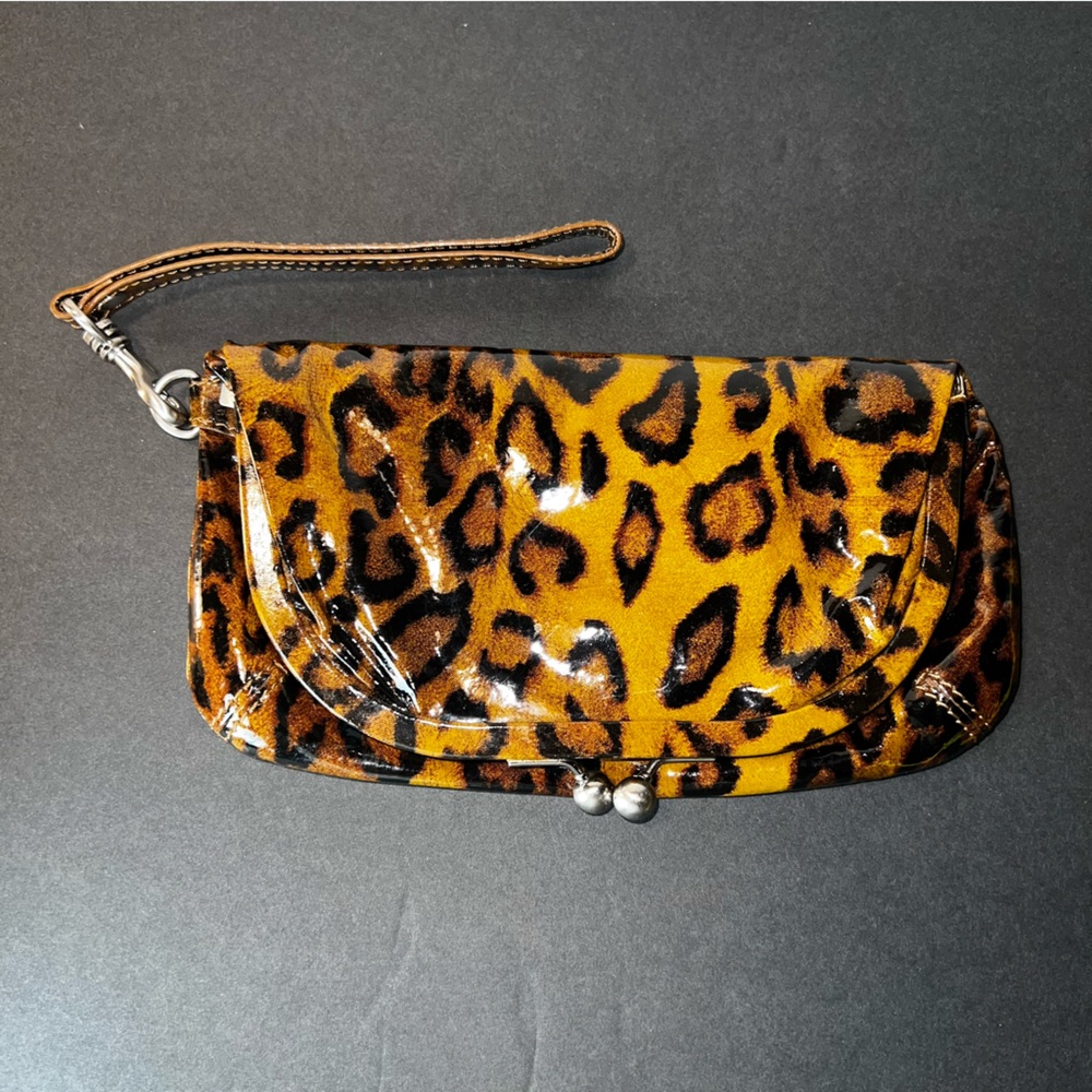 Tumi Leopard Print Patent Leather Wristlet Clutch Kiss Lock Bag Brown Tan